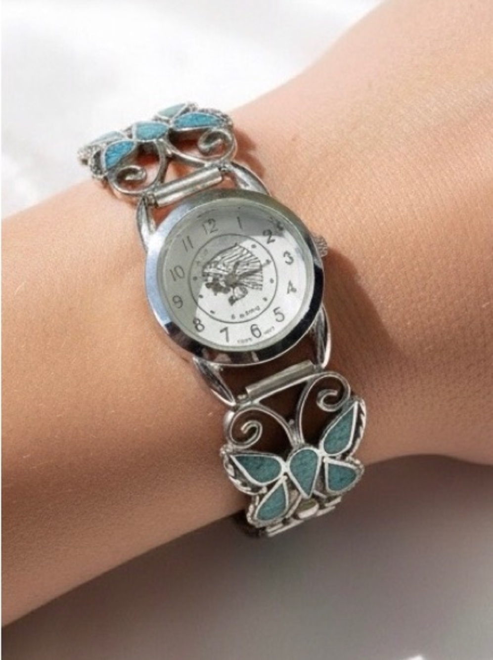 VTG Solid Silver Navajo Butterfly Turquoise Inlay Tips + New Indian Head Watch